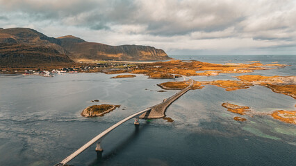High angle aerial view of Fredvang bridges connecting rocky islands in fjord landscape in Lofoten Norway © Quality by Simon