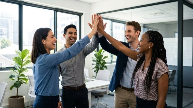 Four diverse colleagues share a joyful high five in a bright modern office setting.