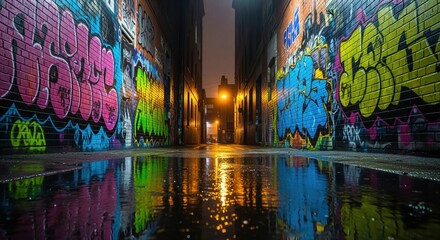 Obraz premium A narrow urban alley at night with vibrant graffiti art in pink, blue, green, and yellow on brick walls. Wet pavement reflects the colorful street art and warm lights, creating a moody scene.