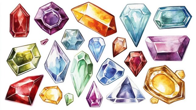Watercolor painting of colorful gemstones in various shapes and sizes on a white background.