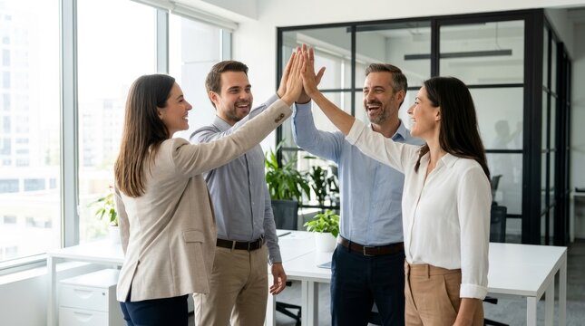 Four professionals share a high-five in a bright modern office, conveying teamwork and success.