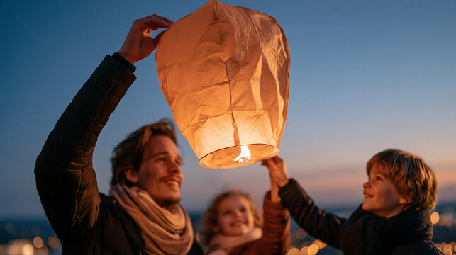 Dutch family releasing a single paper lantern into a dark sky above a wartime memorial site, quiet farewell ritual, fallen soldier tribute, grief ceremony, family bereavement,