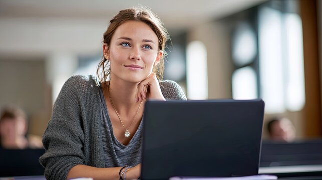 1d a beautiful American Caucasian female model in a classroom, sitting at a desk with a full view of a sleek black laptop, laptop screen and keyboard clearly visible, modern