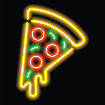 Glowing neon pizza slice with melted cheese and pepperoni