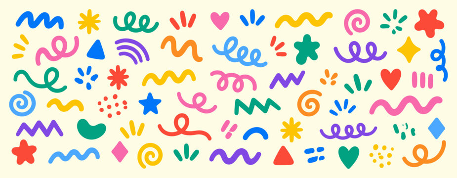 Colorful abstract doodle squiggle set with confetti, curved lines, playful geometric shapes and festive decorative elements for party patterns, backgrounds and vector illustration
