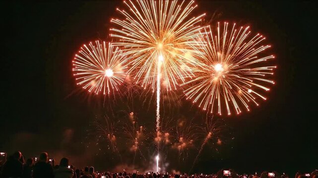 Bright colorful fireworks exploding in the night sky above a crowd of people watching the show