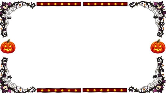 Halloween Frame Overlay with Glowing Pumpkin Lanterns and Marquee Lights Border for Party Video Title