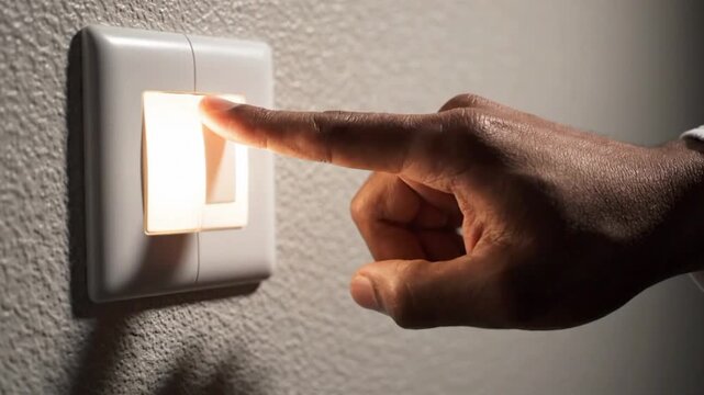 Hand reaching for light switch in a home environment with light leaks and grain effects