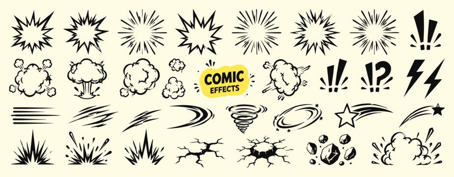 Explosive comic motion line set with cartoon speed effects, hand drawn boom bursts, impact energy, action strokes, manga explosion elements and vector illustration