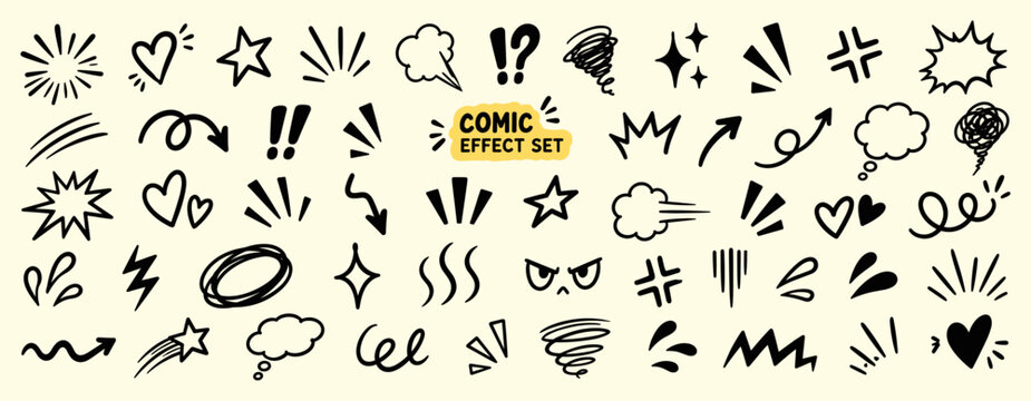 Comic effect line icon set with hand drawn stars, arrows, emotion marks, manga movement lines, question signs, sparkles and expressive doodles. Vector illustration