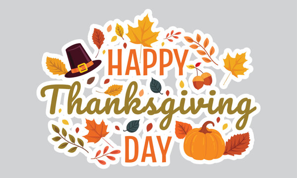 Happy Thanksgiving Day Script Typography Sticker Pumpkin Pilgrim Hat Vector
