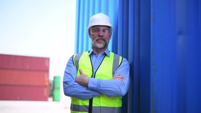 Engineers wearing safety helmets and high visibility clothing discussing logistics and inspecting shipping terminal representing container management freight.