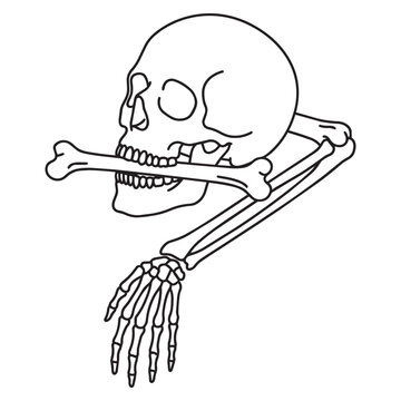 Dark gothic human skull biting cross bone with hands