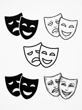 Set of Comedy and Tragedy Theater Masks in Various Artistic Styles for Drama and Performance Design