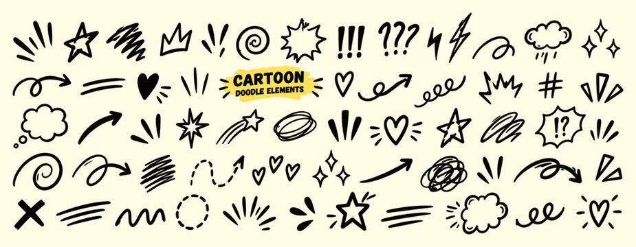 Hand drawn comic expression elements with doodle movement lines, crayon arrows, emphasis marks, shock symbols, stars and dynamic cartoon sketch effects, vector illustration