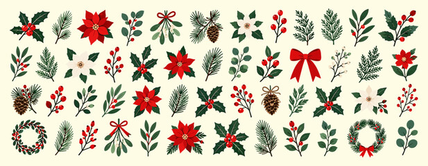 Obraz premium Christmas botanical leaf and flower set with hand drawn holly, pine branches, winter foliage, rustic wreath elements and festive holiday plant decorations. Vector illustration