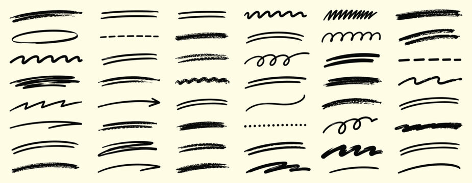 Hand drawn underline set with crayon pencil and chalk brush strokes, thin and thick squiggle dividers, highlight marks, rough scribbles and textured lines vector illustration