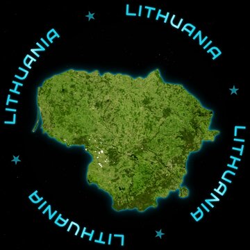 Lithuania Satellite Map from Space with Circular Country Title and Cyan Neon Glow. Physical terrain and topographic relief illustration.