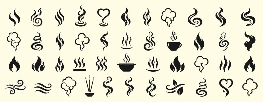 Steam and smoke symbol collection with hot vapor, aroma, fragrance, smell, heat waves, fire fumes and doodle line icons for coffee, cooking, food and logo graphics. Vector illustration