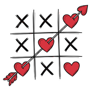 Hand drawn tic tac toe game doodle with hearts and arrows