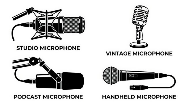 Vintage and studio microphone icon set, podcast microphone vector illustrations, four handheld audio equipment symbols for recording design