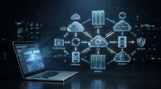 Holographic cloud computing network architecture diagram showing servers, databases, and security nodes connected to a laptop computer with a data dashboard in a dark environment.