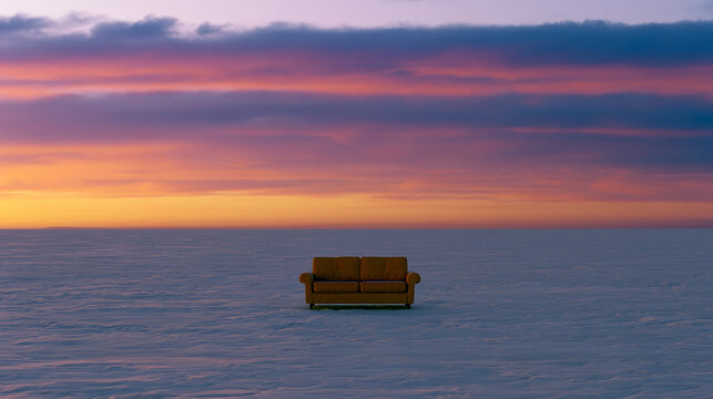 Minimalist lone sofa rule of thirds golden hour dramatic epic pastel colors film