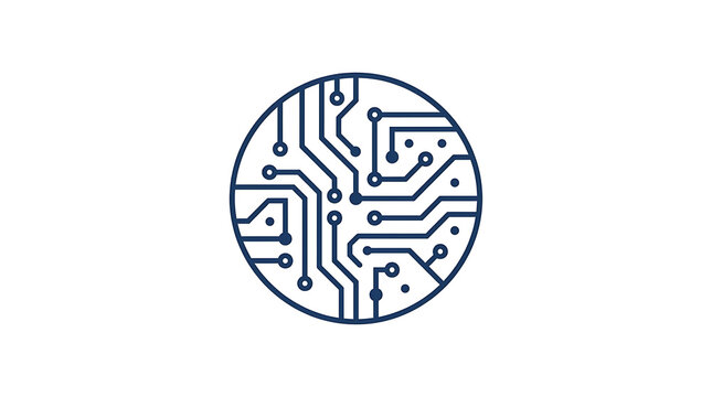 Minimalist dark blue circuit board icon, circular electronic tech pattern or digital network symbol