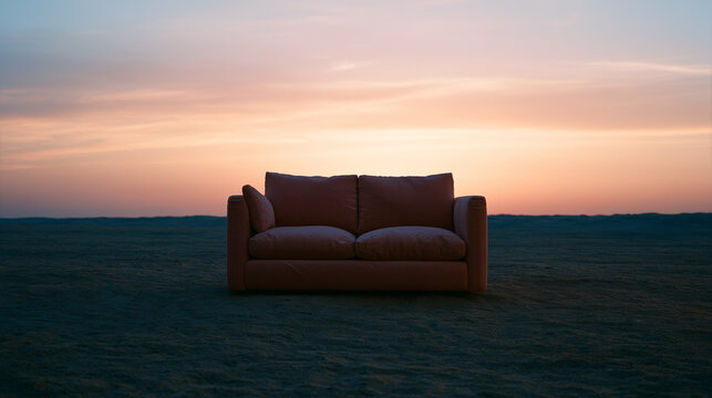 Minimalist lone sofa rule of thirds golden hour dramatic epic pastel colors film