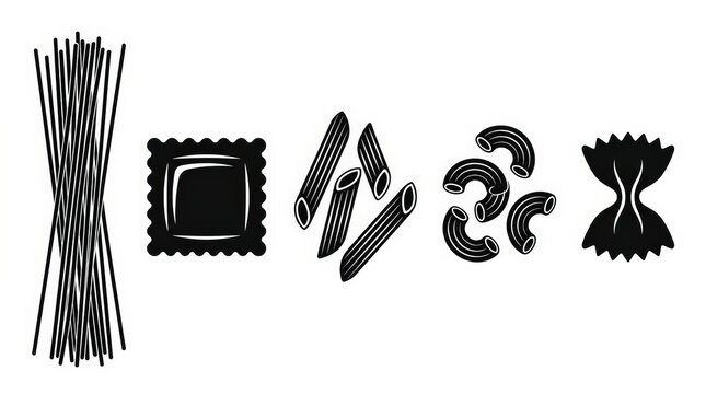 Black pasta icons collection, monochrome spaghetti penne ravioli farfalle macaroni shapes, dry Italian food graphic elements for restaurant menu