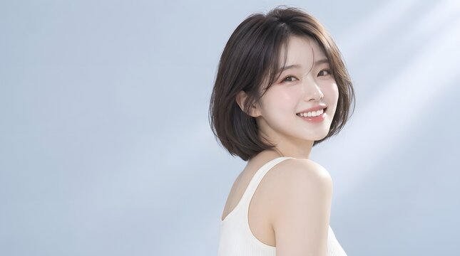 透明感のあるモデル女性の自然光ポートレート　韓国風ヘアメイク