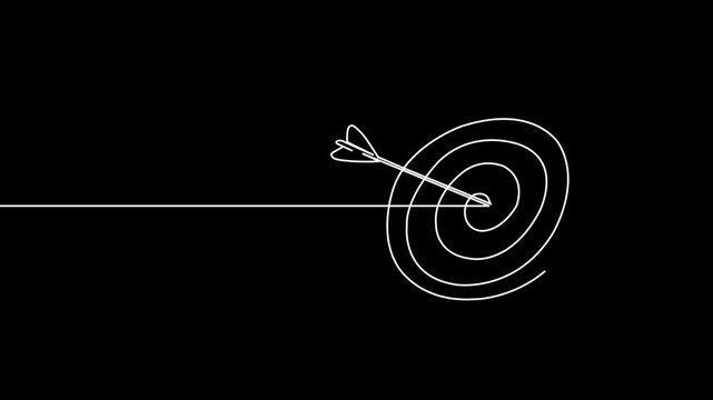 Continuous line art arrow pointing to a target icon on a clean black  background, showing business growth and financial goals in a minimalist vector style.