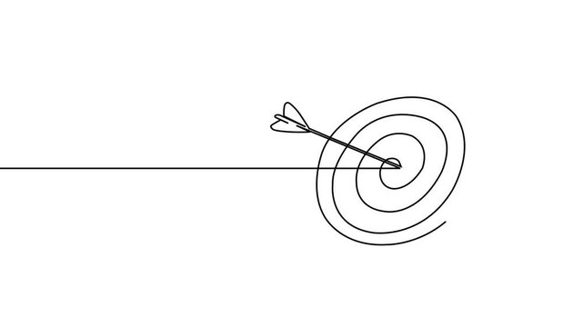 Continuous line art arrow pointing to a target icon and white background, showing business growth and financial goals in a minimalist vector style.