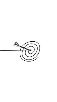 Continuous line art arrow pointing to a target icon on a clean white background, showing business growth and financial goals in a minimalist vector style.