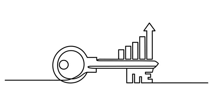 Continuous line drawing of a key transforming into a rising business growth graph