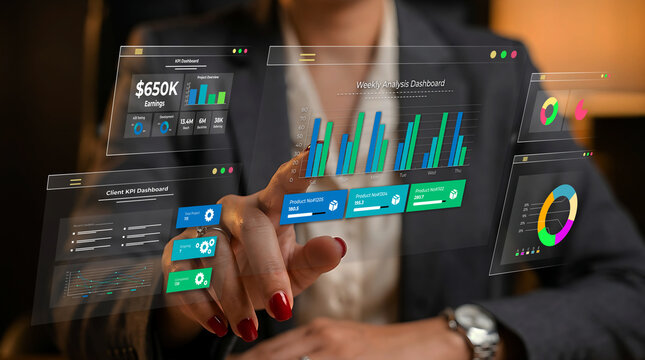 A Woman analyst uses a computer and dashboard for data business analysis and Data Management System with KPI and metrics connected to the database for technology finance, operations, sales, marketing