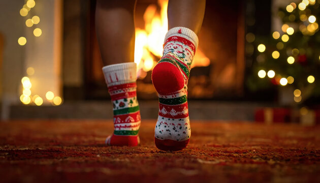 Christmas sock festive sock holiday decoration fireplace Christmas tree warm home celebration cozy interior winter red white green patterned textile cotton foot leg person standing walking carpet