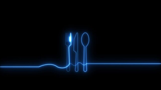 Glowing blue neon outline of fork knife and spoon cutlery icons on a dark black background.4k video animationn concept.