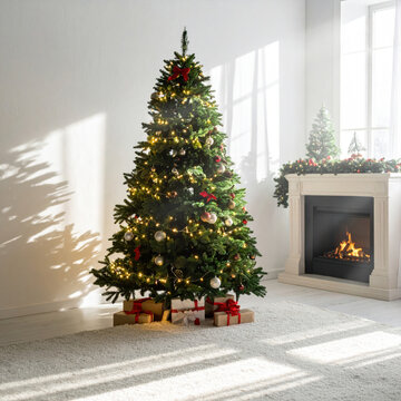 Christmas tree with ornament, gift, and fireplace creating warm holiday interior