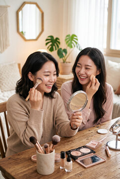 Two young women applying makeup together in a cozy living room for beauty blog banner and lifestyle background with skincare and friendship content