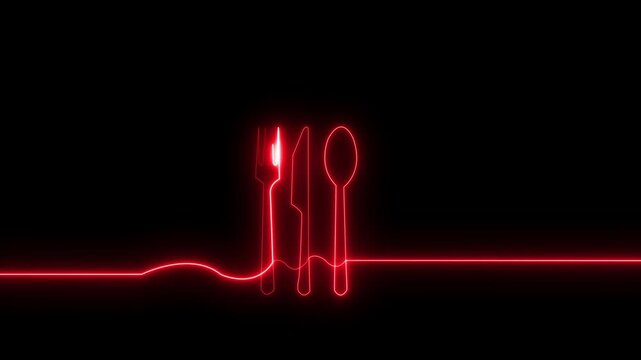 Glowing rerd neon outline of fork knife and spoon cutlery icons on a dark black background.4k video animationn concept.