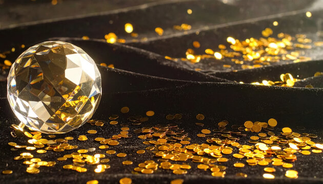 Golden coin crystal sphere black surface scattered gold golden coin and crystal sphere on black surface create glittering luxury scene with dramatic warm light and reflective texture