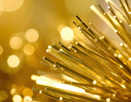 Optical fiber cable with glowing golden strands and bokeh light