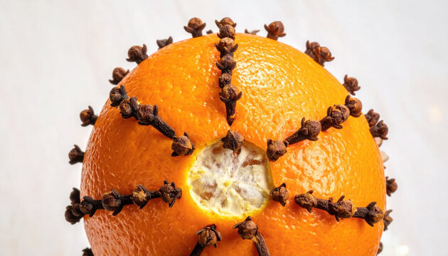 Orange studded with clove, citrus fruit, aromatic spice, holiday decoration, and natural texture on light background