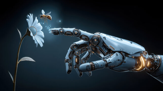 Futuristic mechanical hand holds a flower while a bee hovers near it in a dark setting