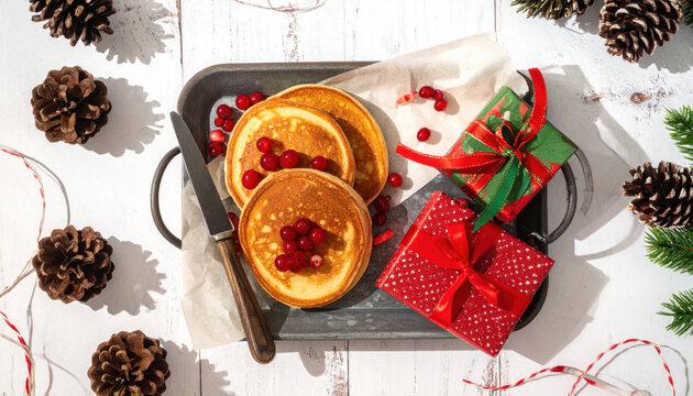 Warm pancake breakfast with berry topping and wrapped holiday gift boxes on rustic tray, creating festive winter celebration scene with pine cones and greenery