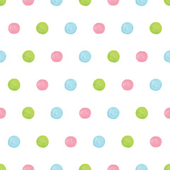 Cute watercolor polka dot seamless pattern with colorful pink, green, and light blue dots, isolated on transparent background. © chan k.