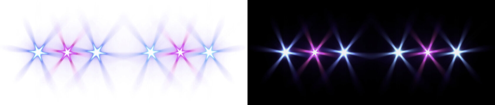 Blue Pink Neon Spotlight Flares On Transparent background, Colorful Stage Lights, Lens Flare Effect for Concert, Party, and Event Overlay.