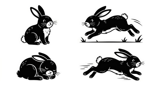 Cute black rabbit illustration set, hand drawn bunny vector icons, monochrome easter animal clipart graphics for design