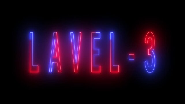 Abstract glowing neon level text animation isolated on black background. Neon level up sign and upper Level. Level One text font with neon light  4K video Animation.